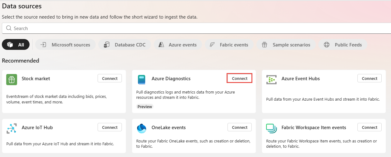 Screenshot of the Data sources page with Connect button on the Azure Diagnostics tile selected.