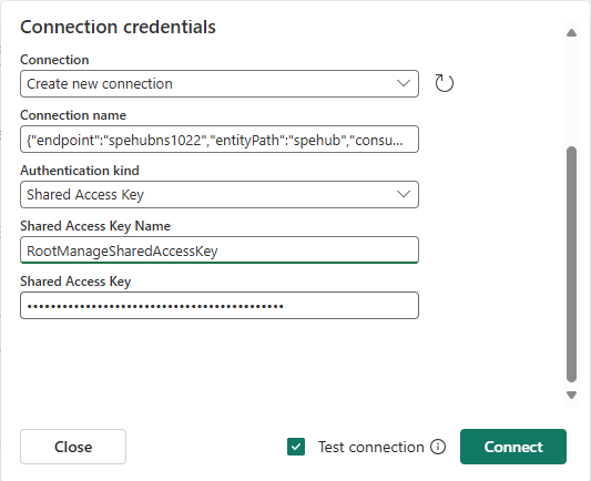 Screenshot that shows the Connect page one for Azure Event Hubs connector.