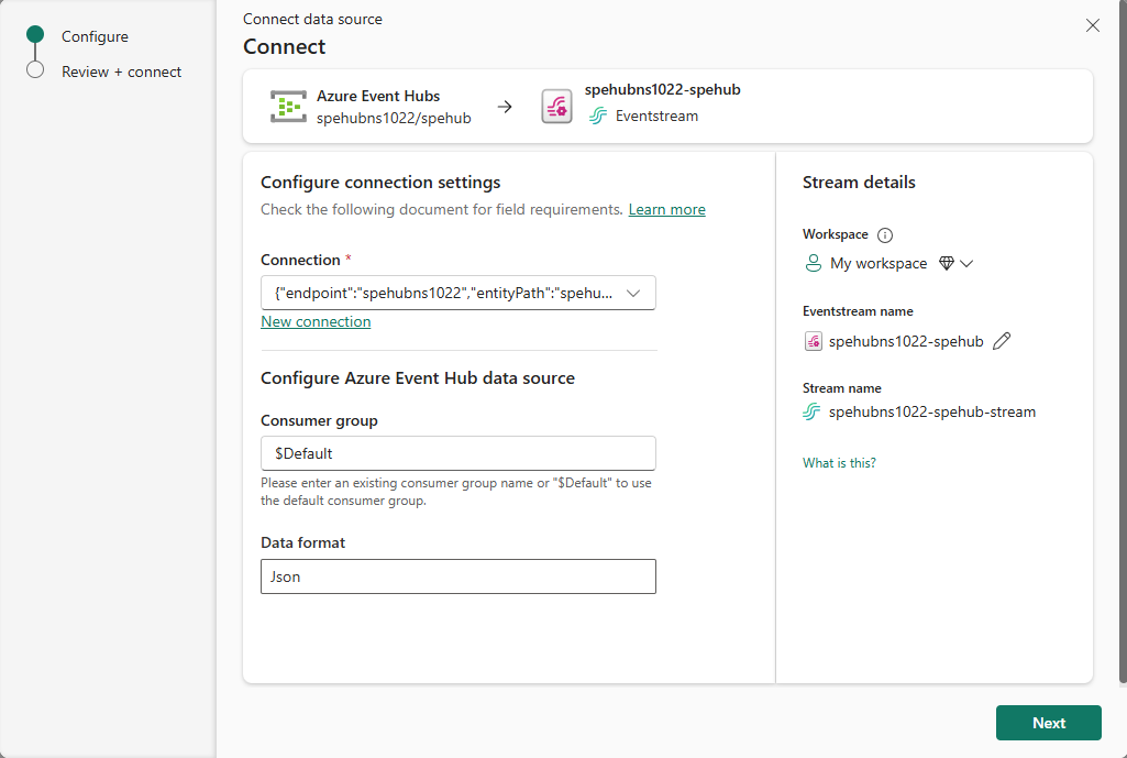 Screenshot that shows the Connect page two for Azure Event Hubs connector.