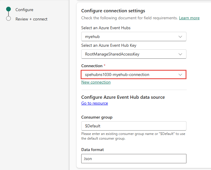 Screenshot that shows the Connect page with the connection you created.