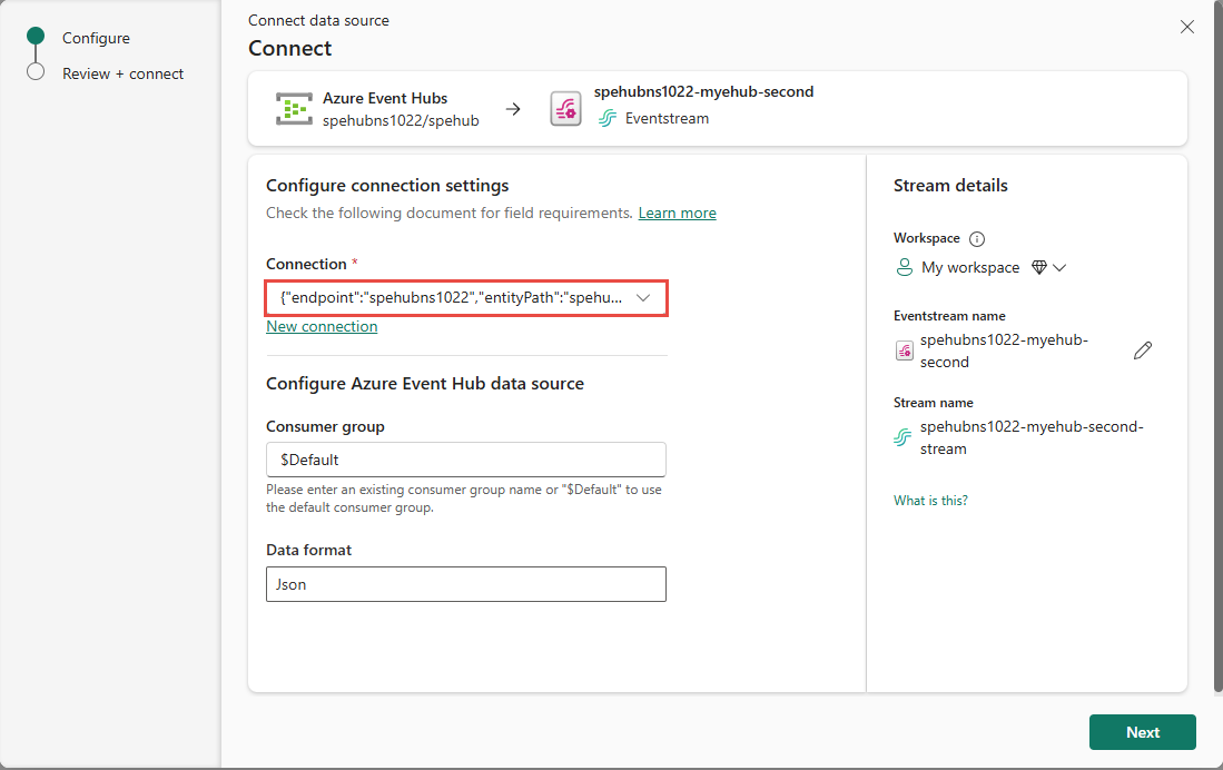 Screenshot that shows the Connect page with an existing connection to an Azure event hub.