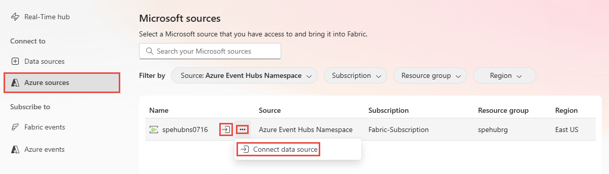 Screenshot that shows the Azure sources page with filters to show event hubs and the connect button for an event hub.