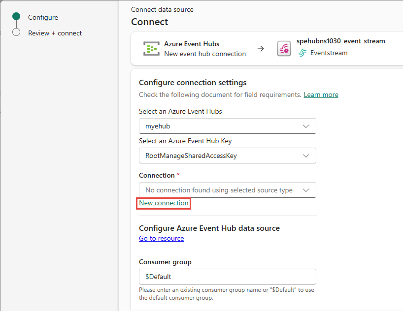 Screenshot that shows the Connect page with the New connection link selected.