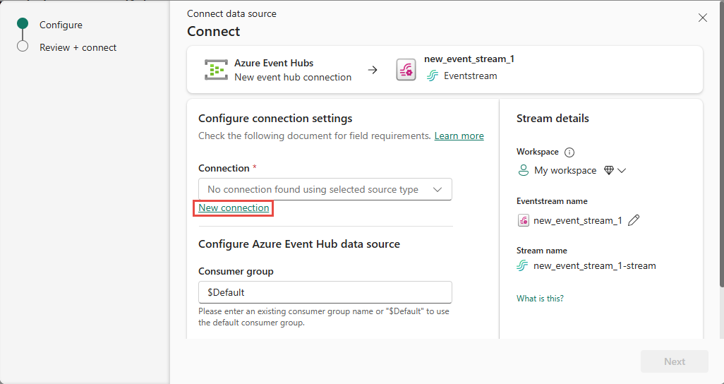 Screenshot that shows the Connect page with the New connection link highlighted.