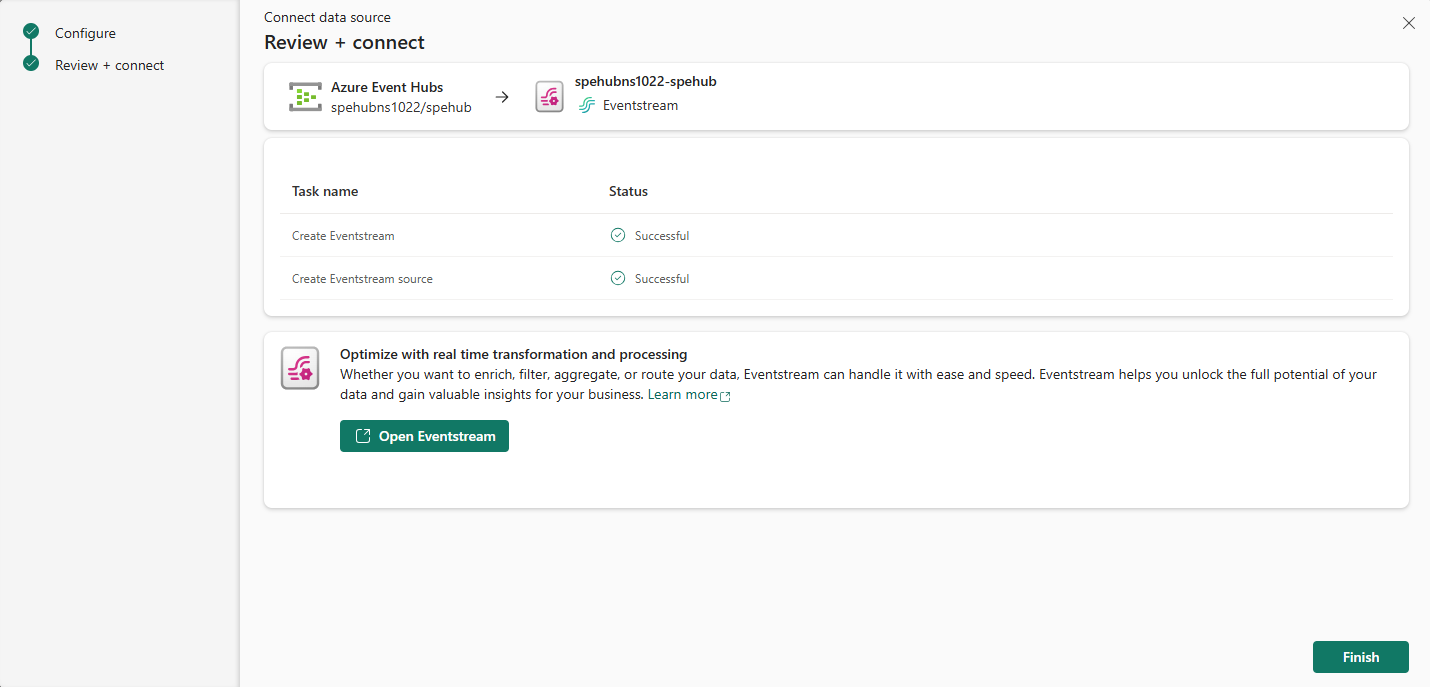 Screenshot that shows the Review + connect page with links to open eventstream and close the wizard.