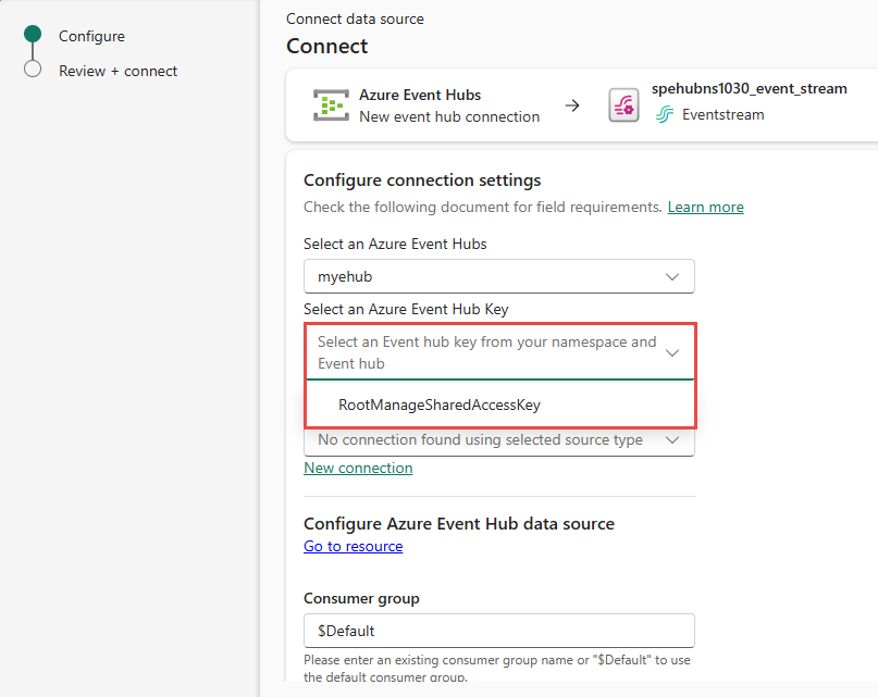 Screenshot that shows the Connect page with an access key selected from the drop-down list.