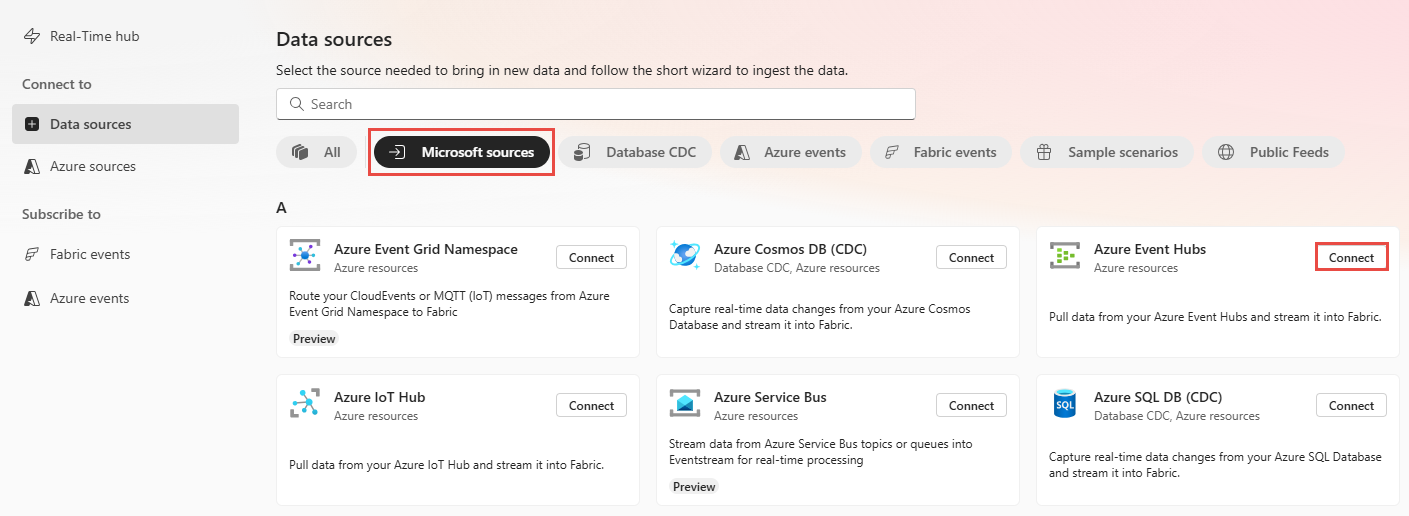Screenshot that shows the selection of Azure Event Hubs as the source type in the Data sources page.