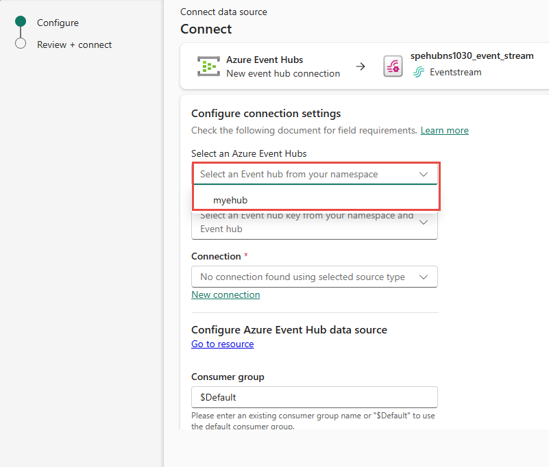 Screenshot that shows the Connect page with an event hub selected from the drop-down list.