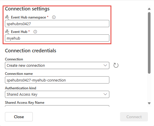 Screenshot that shows the connection settings with Event Hubs namespace and the event hub specified.