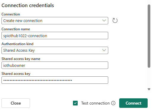 Screenshot that shows the Connect page one for Azure IoT Hub connector.