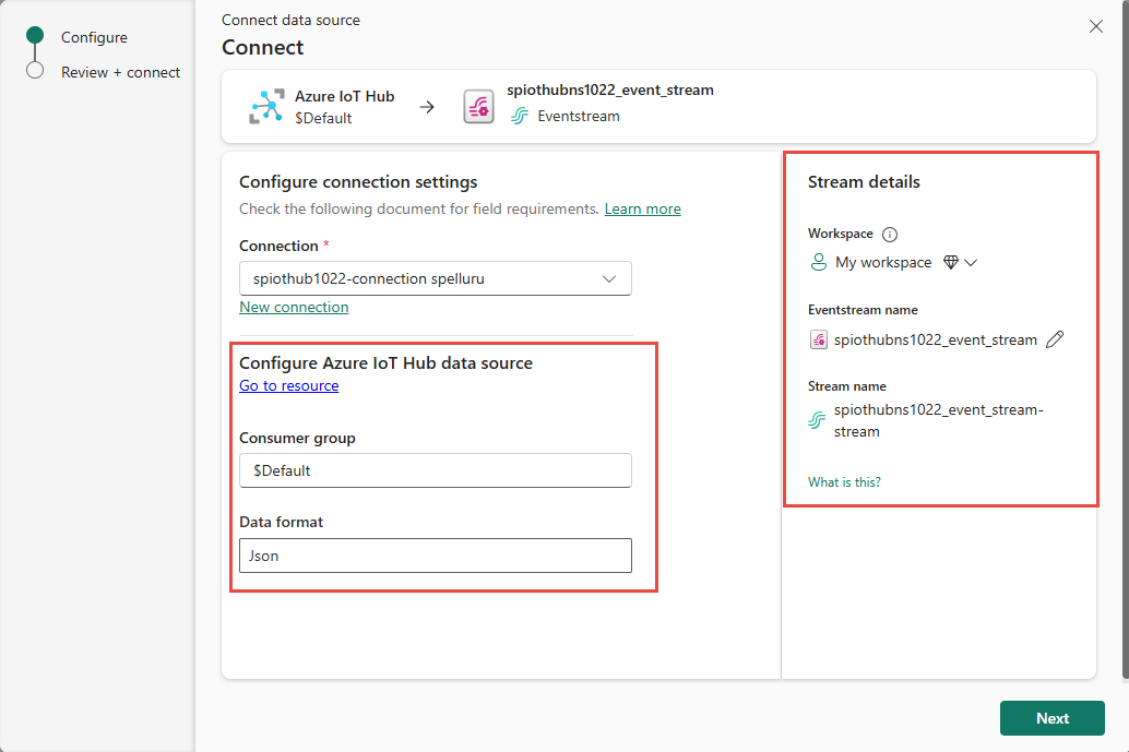 Screenshot that shows the Connect page two for Azure IoT Hub connector.