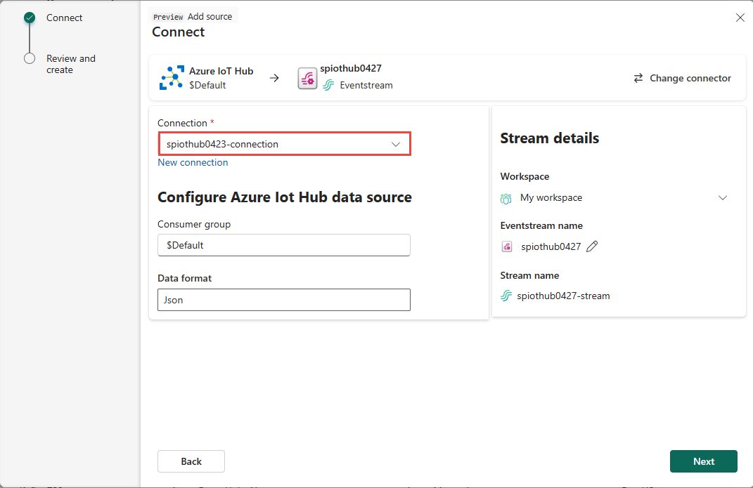 Screenshot that shows the Connect page with an existing connection to an Azure IoT hub.