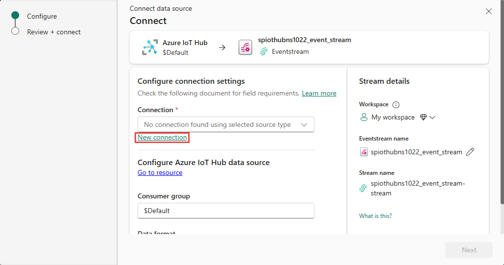 Screenshot that shows the Connect page the New connection link highlighted.