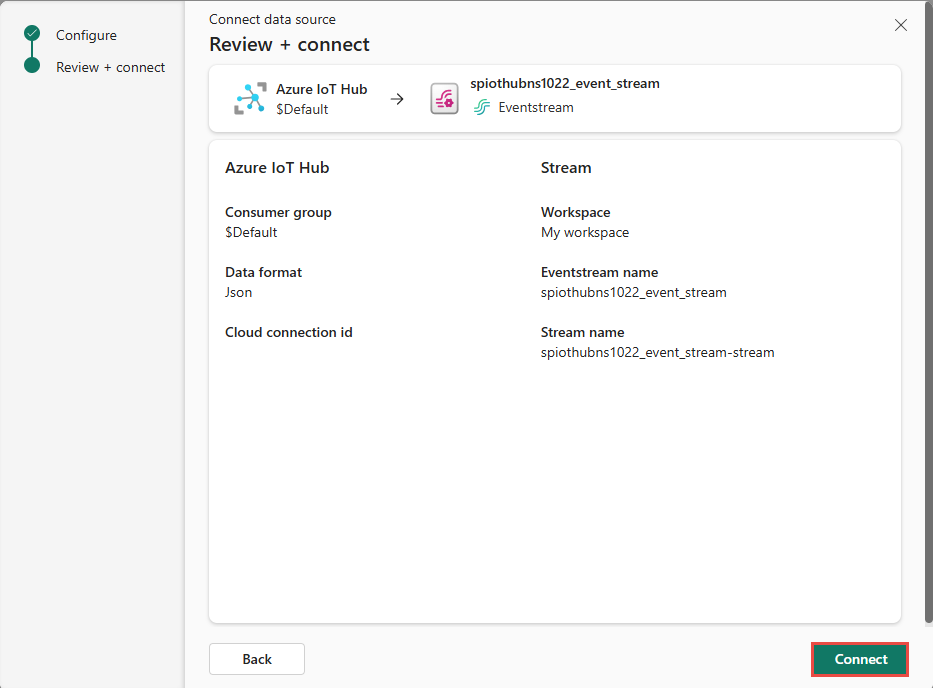 Screenshot that shows the Review + connect page for Azure IoT Hub connector.