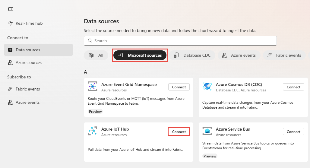 Screenshot that shows the selection of Azure IoT Hub as the source type in the Data sources page.