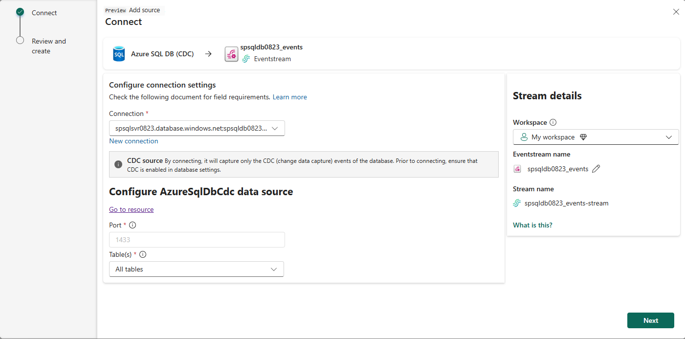 Screenshot that shows the filled Add source wizard Connect page.