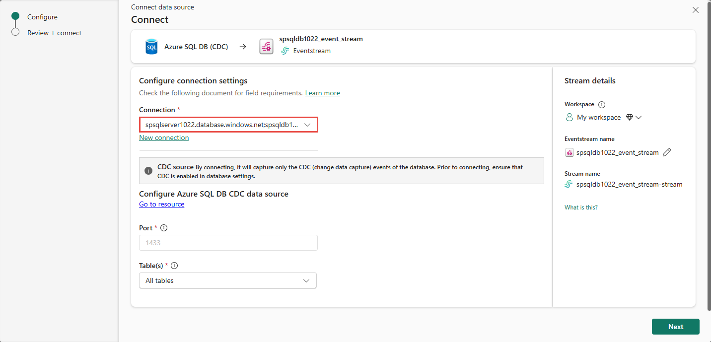 Screenshot that shows the Connect page with an existing connection selected.