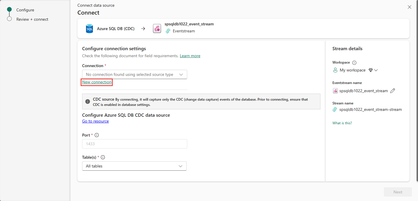 Screenshot that shows the Connect page of the Data sources page with the **New connection** link highlighted.