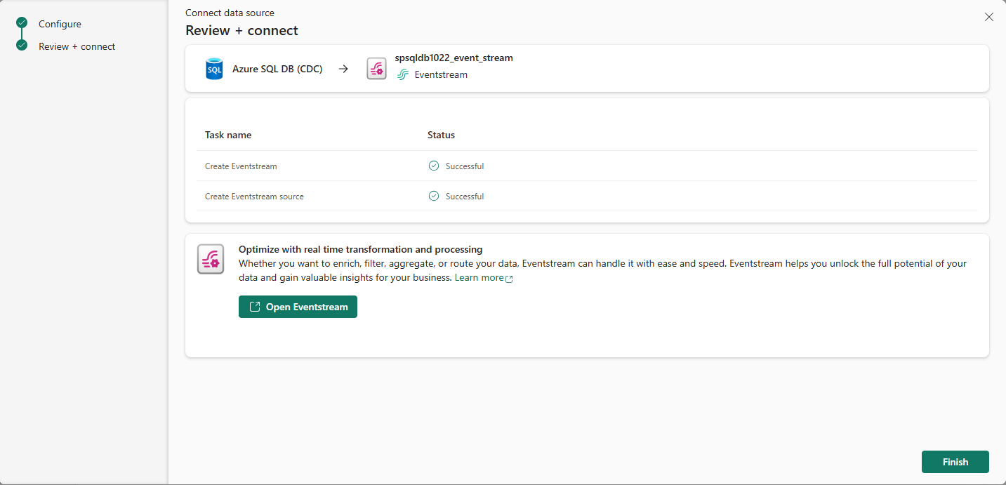 Screenshot that shows the Review + connect page after successful creation of the source.