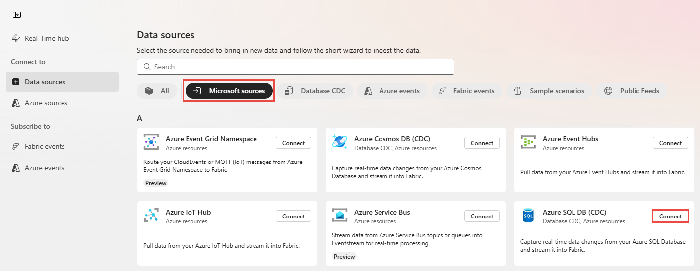 Screenshot that shows the selection of Azure SQL Database (CDC) as the source type in the Data sources page.