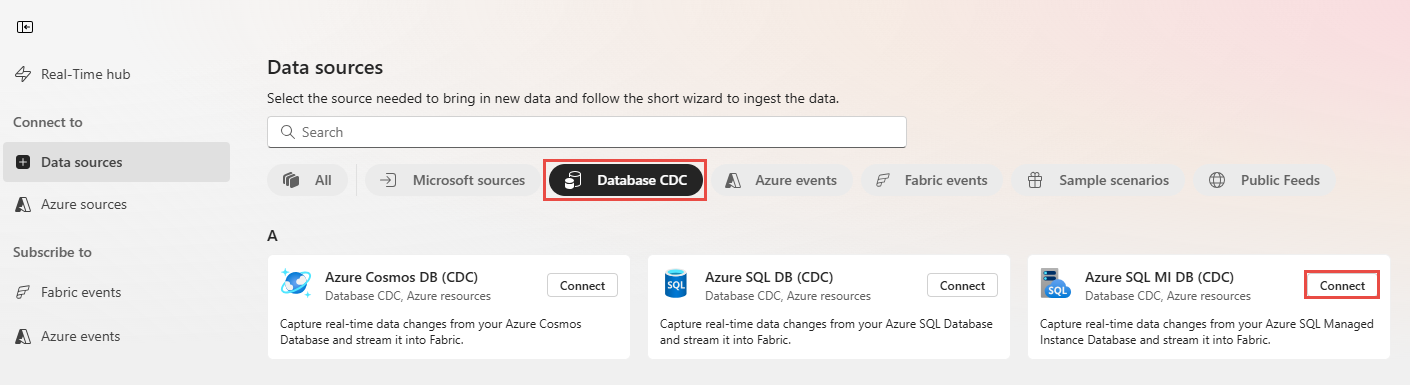 Screenshot that shows the selection of Azure SQL Managed Instance CDC as the source type in the Data sources page.