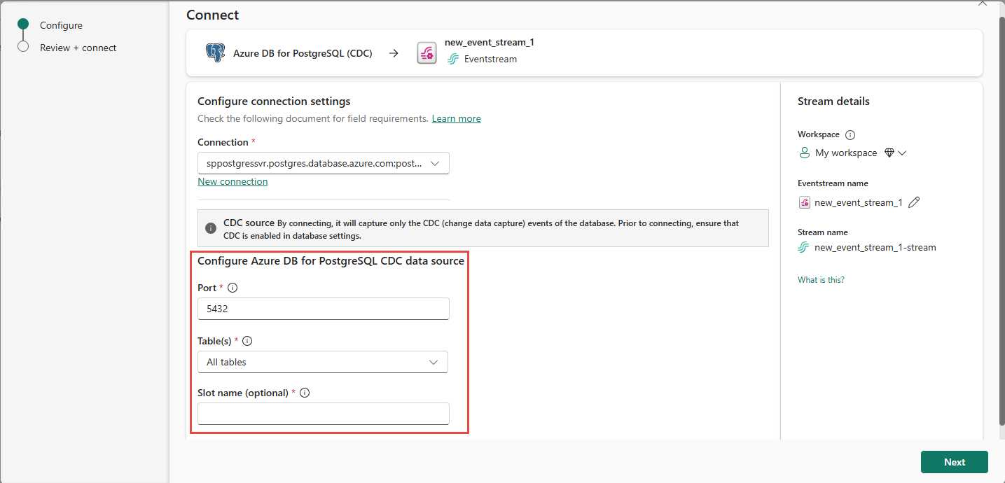 Screenshot that shows the Connect page filled for the Azure PostgreSQL database connector.