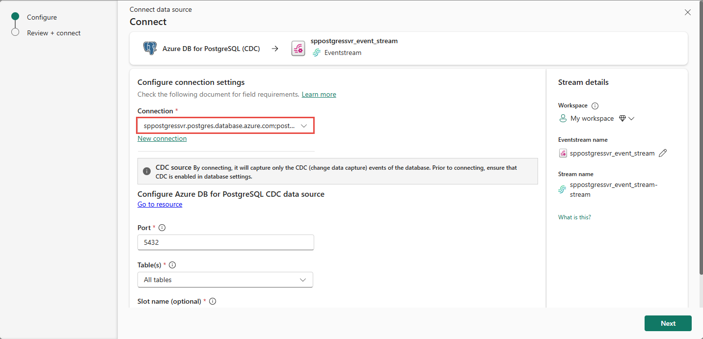 Screenshot that shows the Connect page with an existing connection selected.