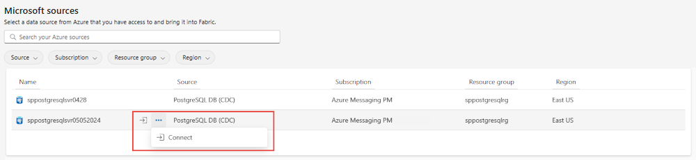 Screenshot that shows the Microsoft sources page with filters to show Azure PostgreSQL CDC and the connect button.