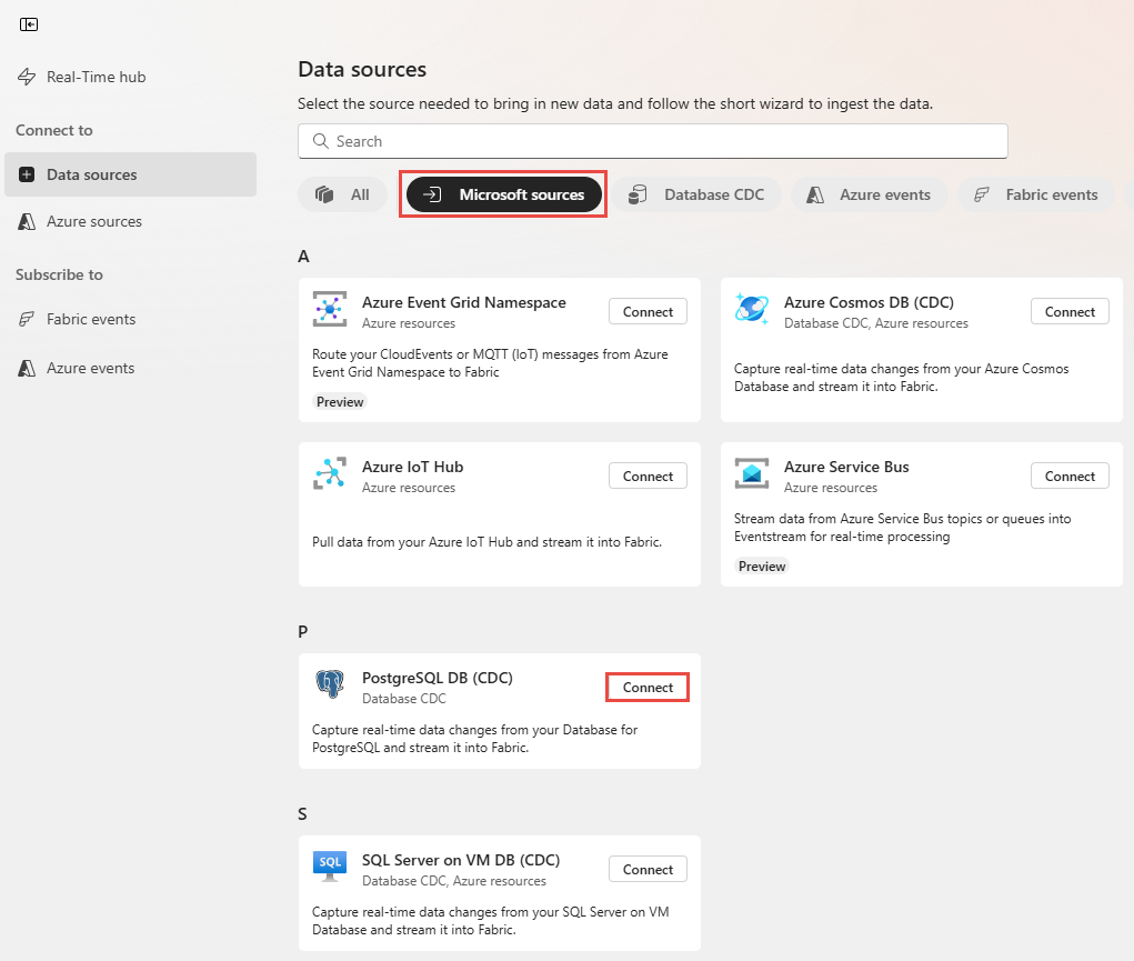Screenshot that shows the selection of Azure Database (DB) for PostgreSQL (CDC) as the source type in the Data sources page.