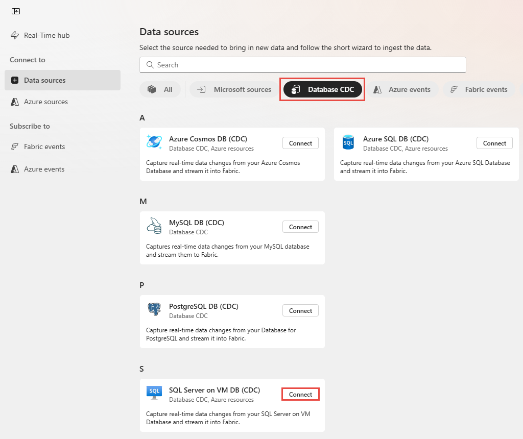 Screenshot that shows the selection of SQL Server on VM DB (CDC) as the source type in the Data sources page.