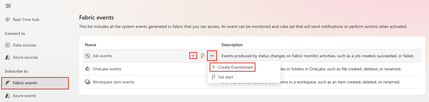 Screenshot that shows the Real-Time hub Fabric events page.