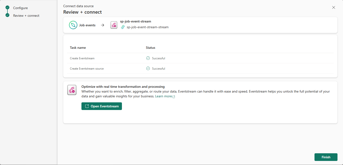 Screenshot that shows the Review and create page with links to open the eventstream.