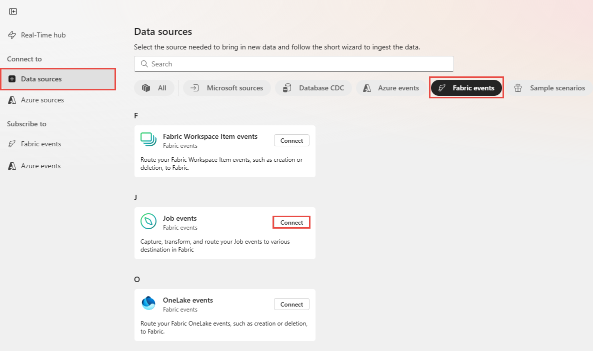 Screenshot that shows the Get events page with Job events selected.
