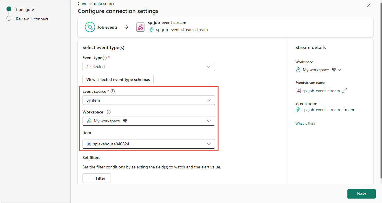 Screenshot that shows the configuration of source, workspace, and item.
