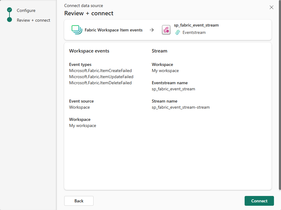 Screenshot that shows the Review + connect page.