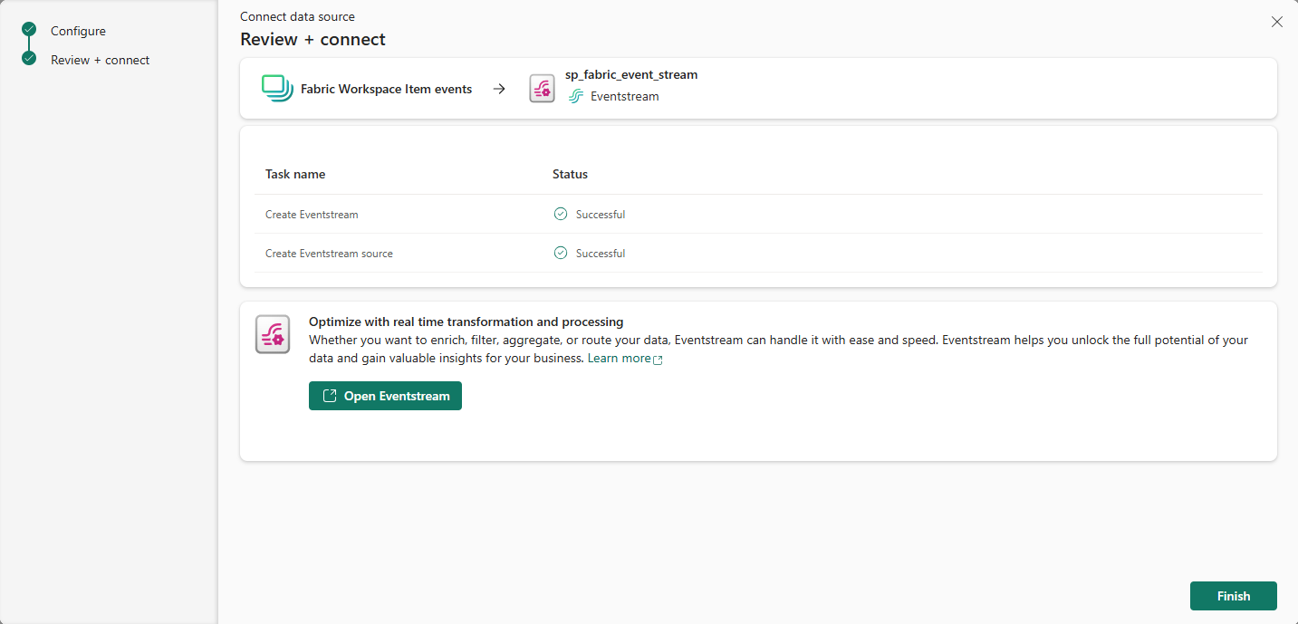 Screenshot that shows the Review + connect page with links to open the eventstream.