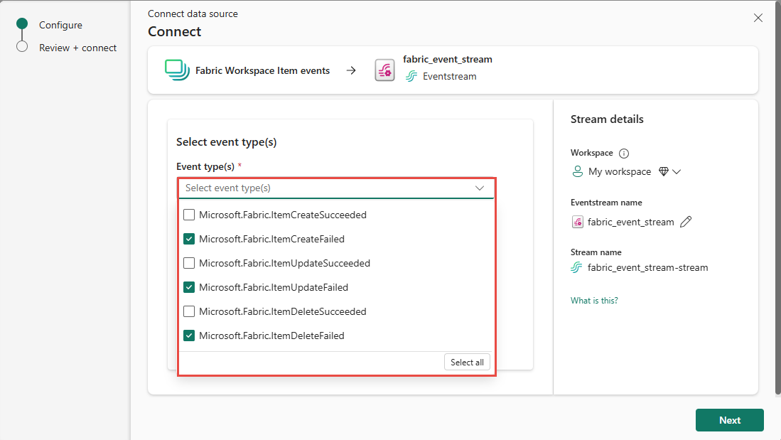 Screenshot that shows the selection of Fabric event types on the Connect page.