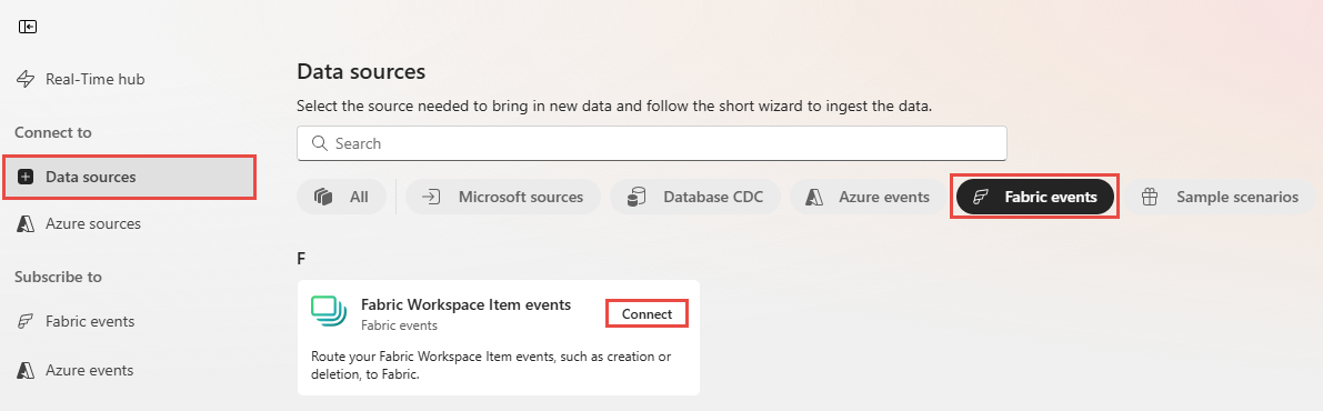 Screenshot that shows the selection of Fabric Workspace Item events as the source type in the Data sources page.