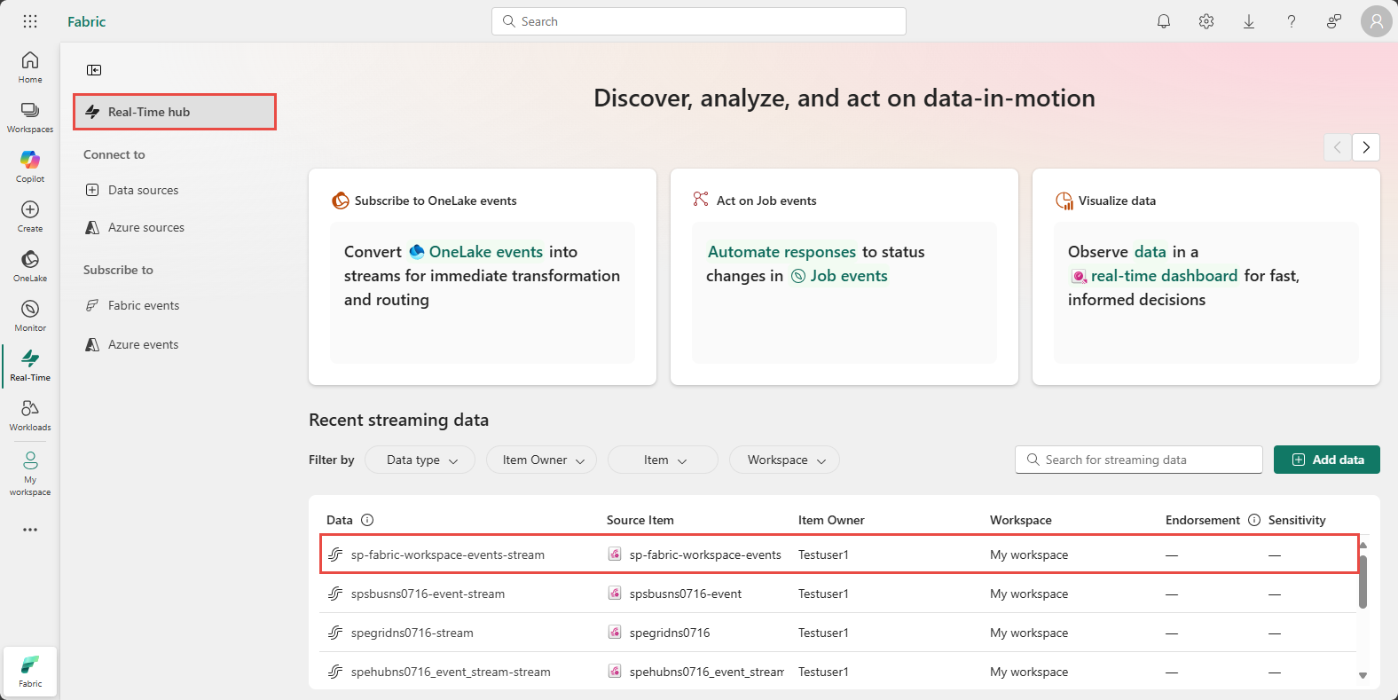 Screenshot that shows the All data streams page with the generated stream.