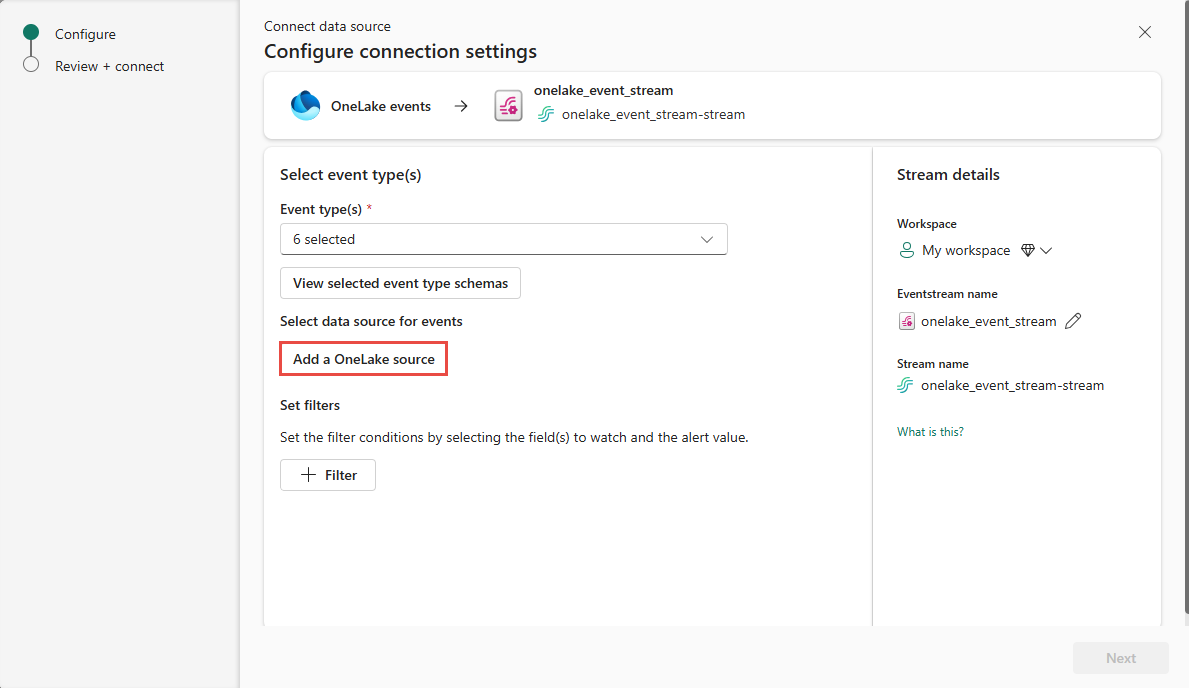 Screenshot that shows the selection the Add a OneLake source button.