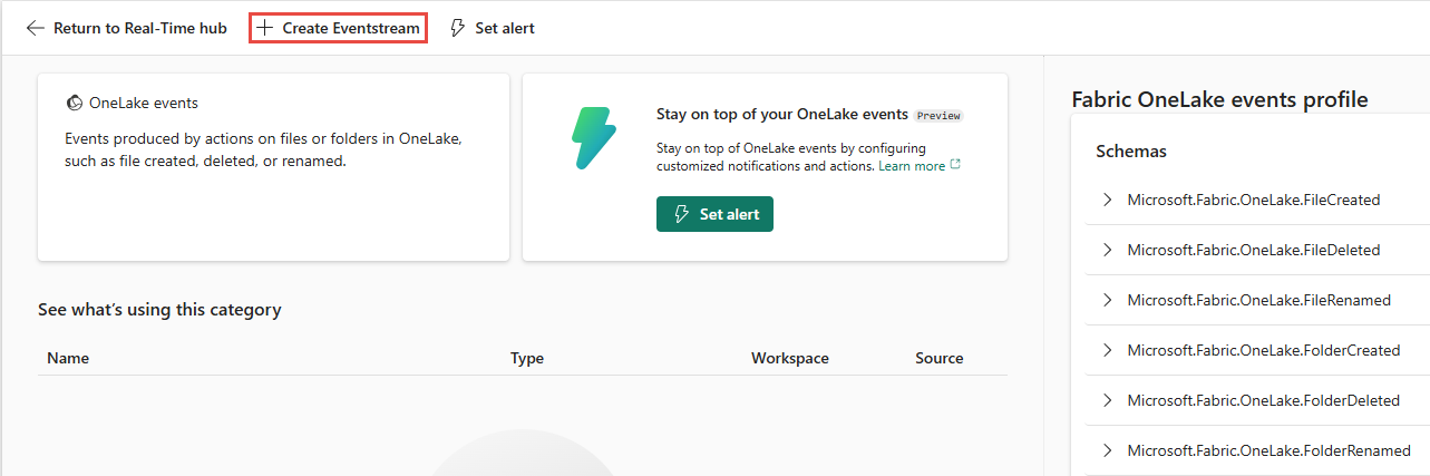 Screenshot that shows the detail page for OneLake events.