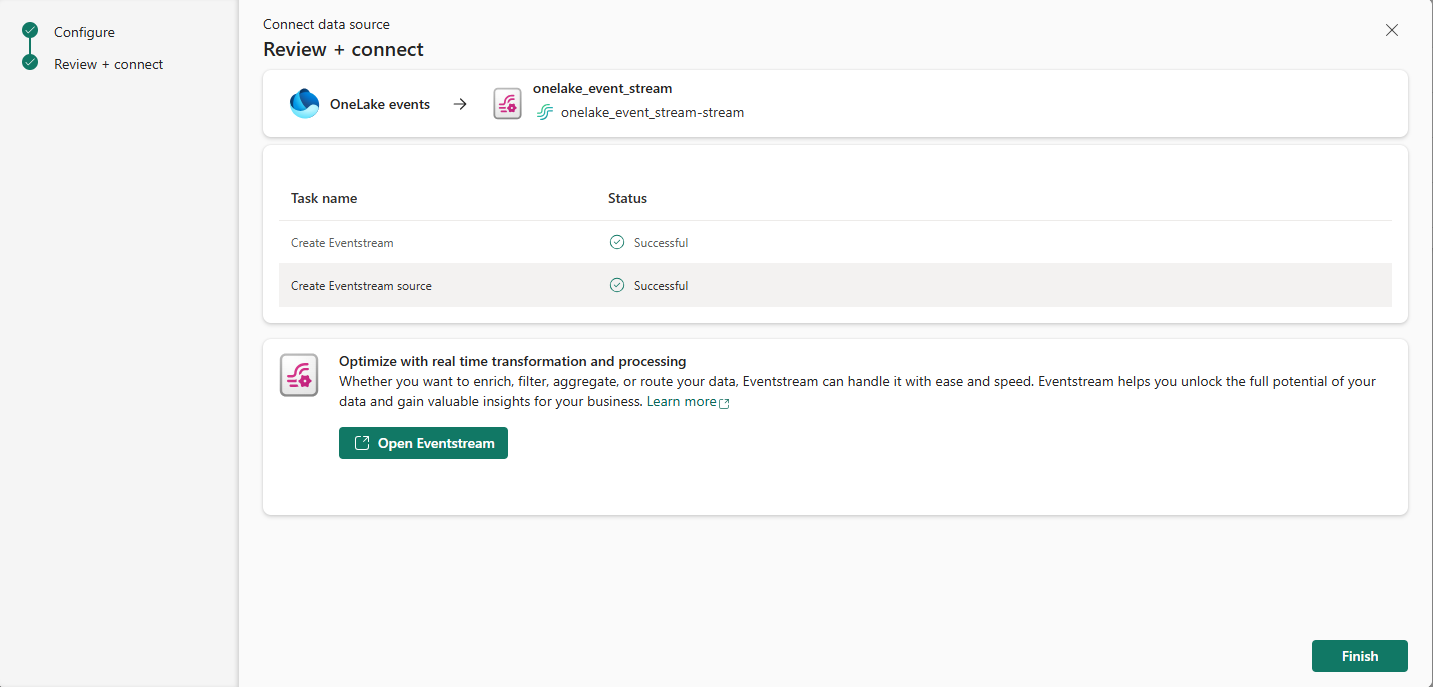 Screenshot that shows the Review and create page with links to open the eventstream.