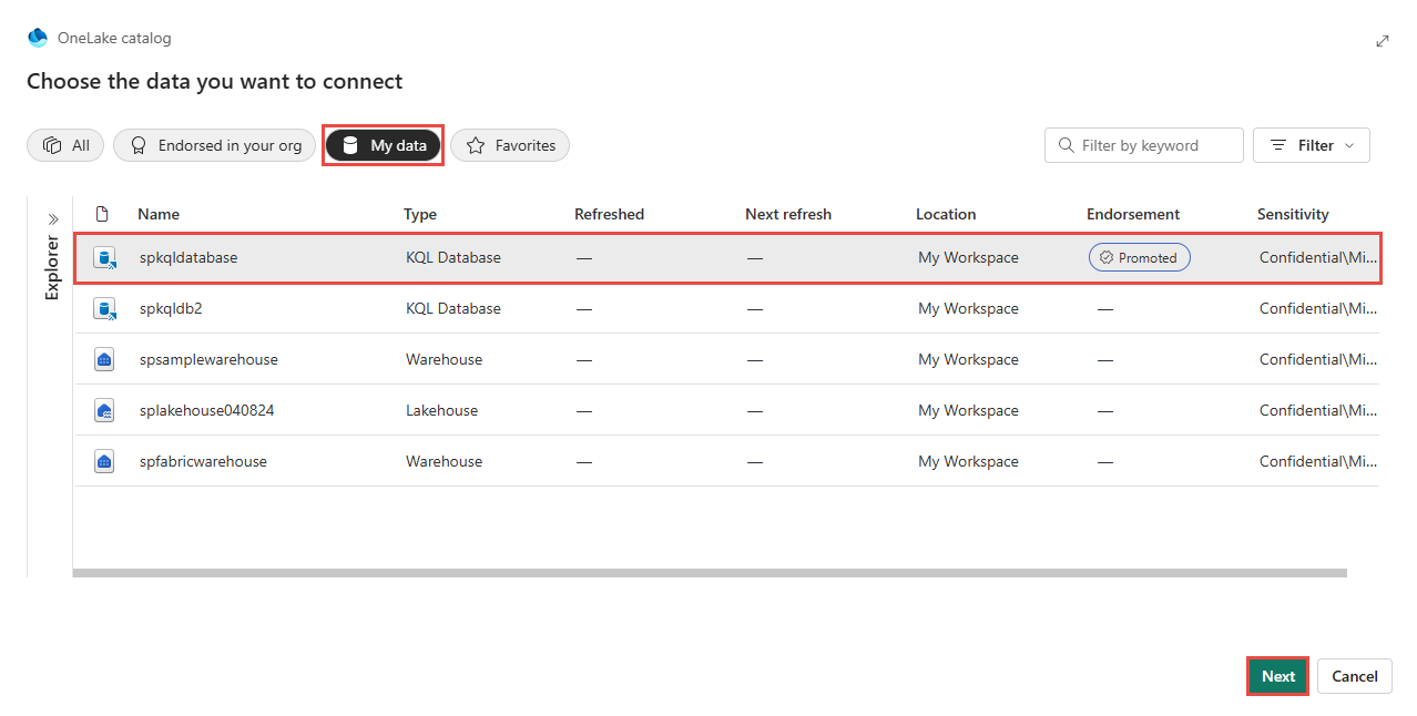 Screenshot that shows the selection of a specific OneLake data source.