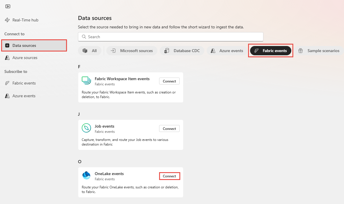 Screenshot that shows the Get events page with OneLake events selected.