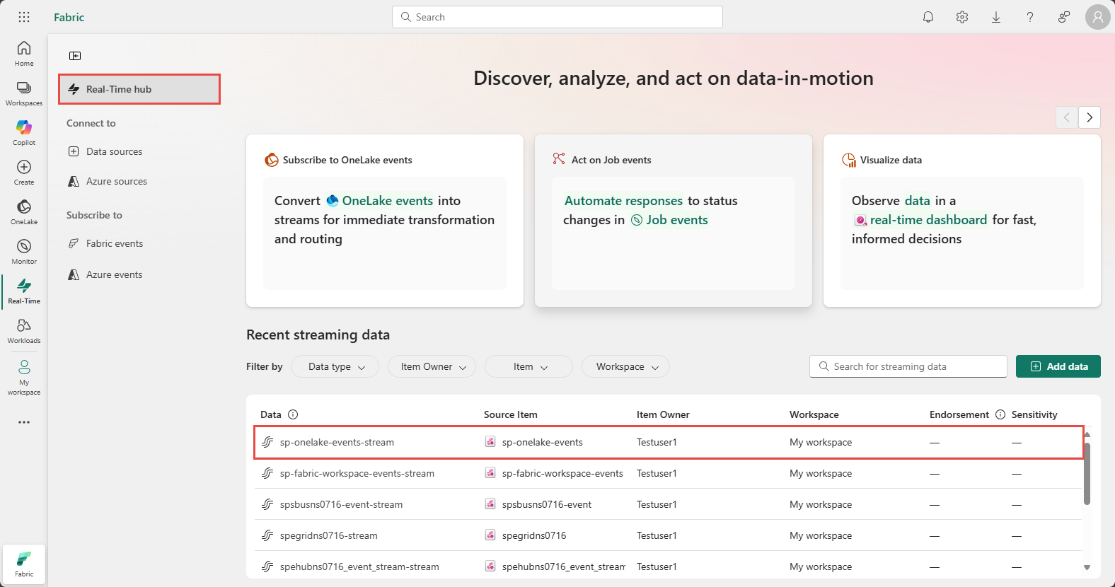 Screenshot that shows data stream in the My data streams page.