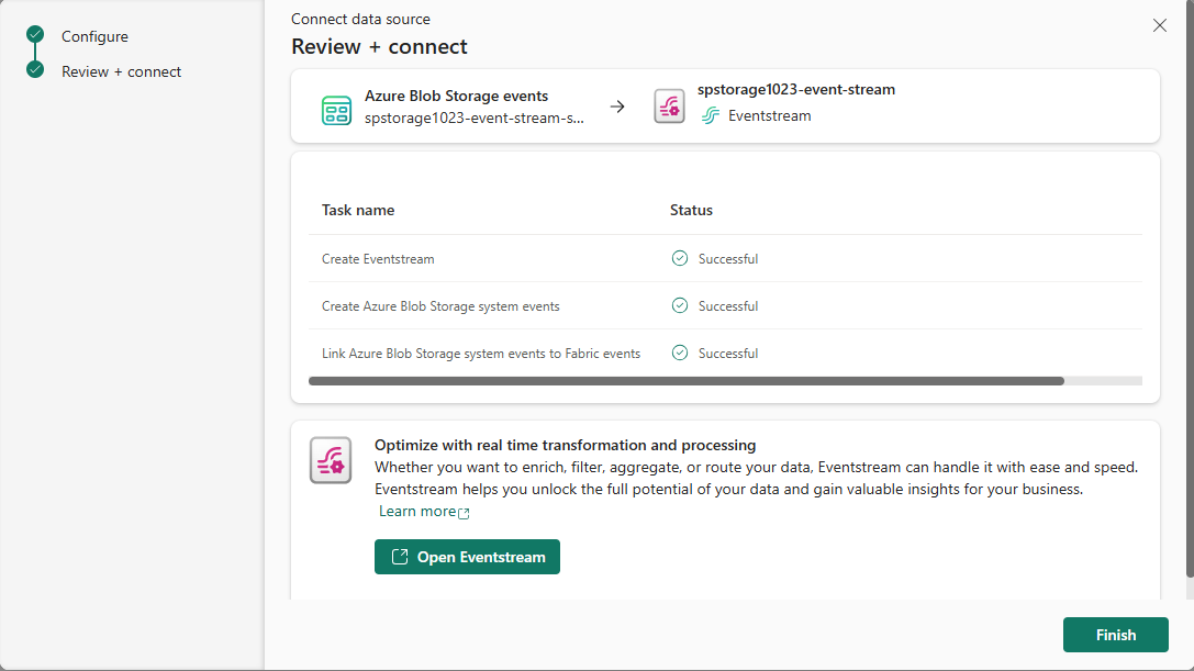 Screenshot that shows the Review + connect page with links to open the eventstream.