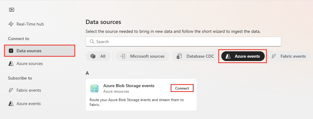 Screenshot that shows the selection of Azure Blob Storage events as the source type in the Data sources page.