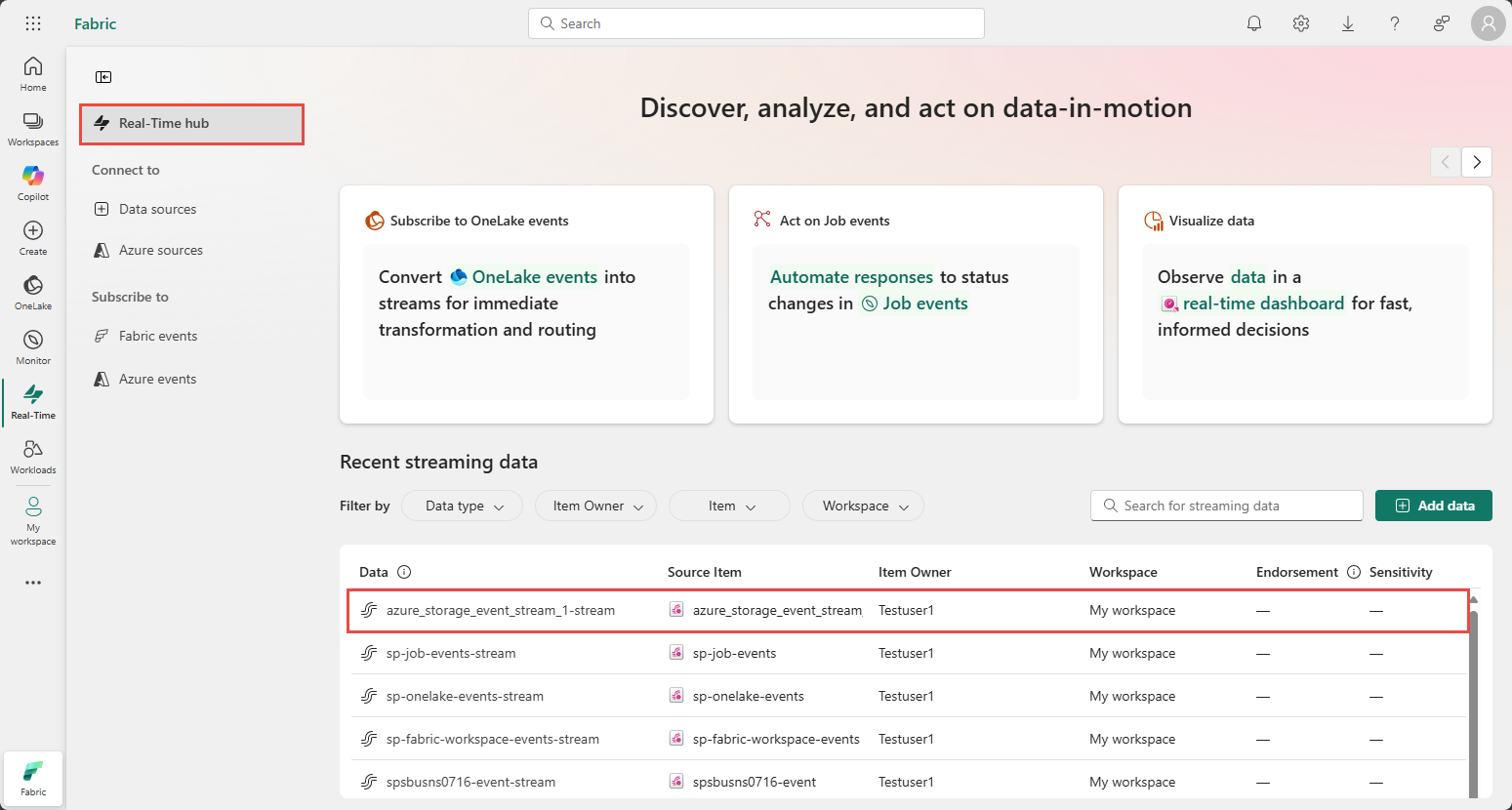 Screenshot that shows the All data streams page with the generated stream.