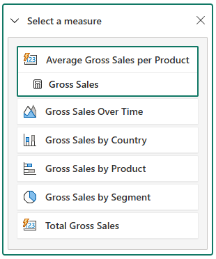 Screenshot showing the Alerts window with the Average Gross Sales per Product measure selected.