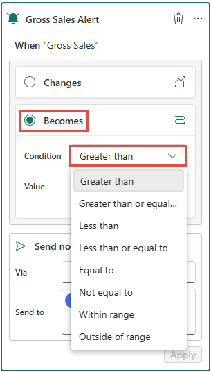 Screenshot showing the alerts window with Becomes selected for the condition.